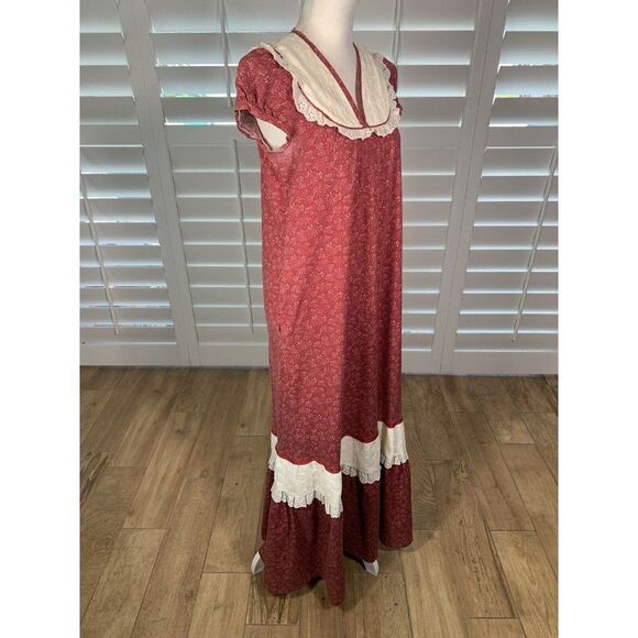 VTG 70s Lola Jrs. Hawaii Red Floral Hippie Chic Prairie Maxi Dress Eyelet Small - Picture 3 of 12